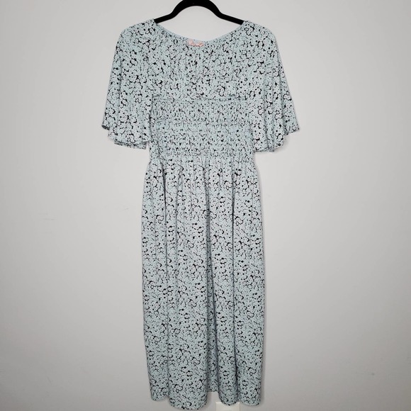 CES FEMME Baby Blue Floral Print Smocked Short Sleeve Midi Dress Sz Medium M - Picture 1 of 6